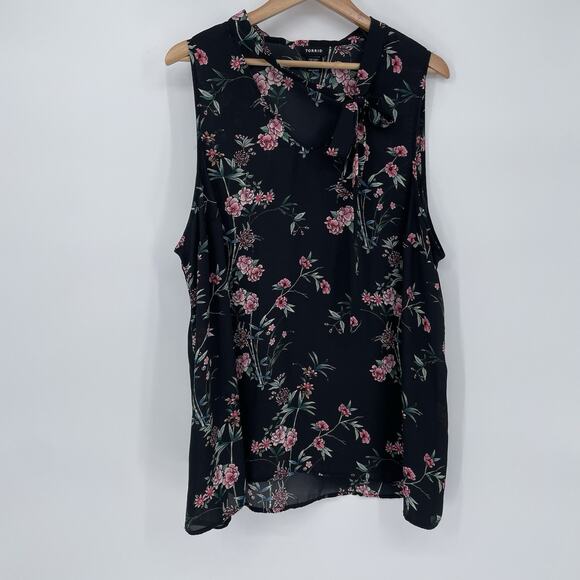 Torrid Floral Blouse Tie Neck Black Pink Women Plus 2X Whimsigoth Croquette Chic - Picture 2 of 10